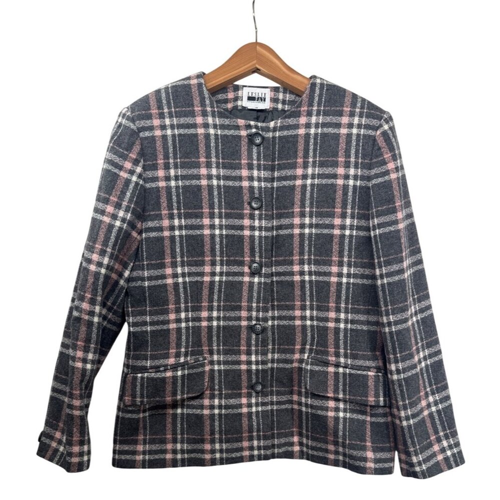 Vintage Leslie Fay Womens Blazer Sz 12 Gray/Pink Plaid Classic Wool Blend Boxy - Picture 1 of 12